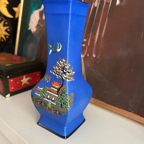 Blue Decorative Vase with Asian Art Design - Picture 2 of 15